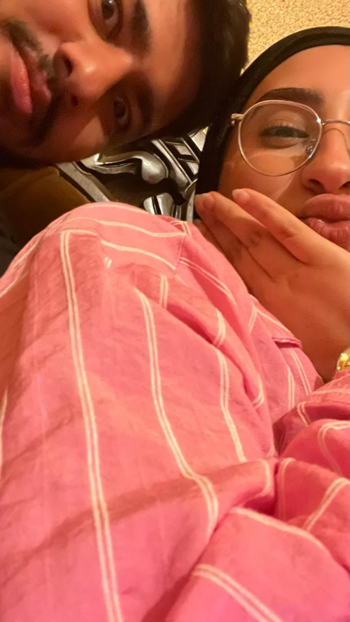 A very close, silly selfie; Fatima pouting behind her glasses.